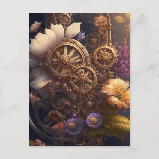 Steampunk deur met paarse bloemen briefkaart (Voorkant)