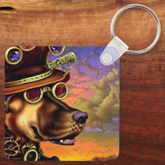 Steampunk Digital Art Dog-portret Sleutelhanger (Achterkant)