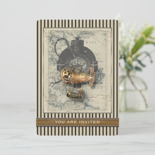 Steampunk Dirigibele Ballonevenuitnodiging Kaart (Staand voorkant)