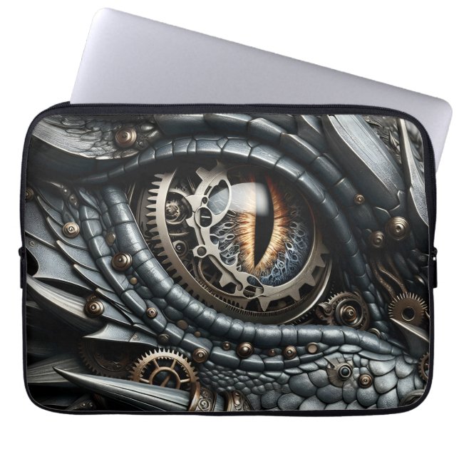 Steampunk Dragon Eye Close-up AI Art Laptop Sleeve (Voorkant)