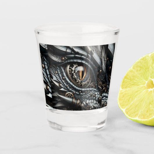 Steampunk Dragon Eye Closeup AI Art gepersonalisee Shot Glas (Voorkant)