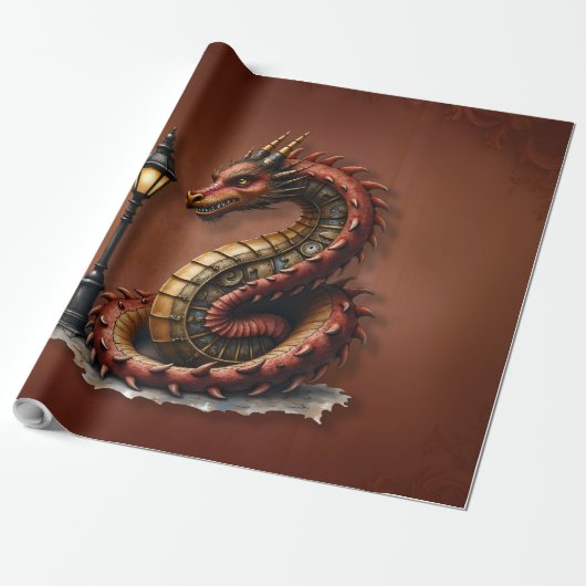 Steampunk Dragon naast een straatlamp. Cadeaupapier (Uitgerold)