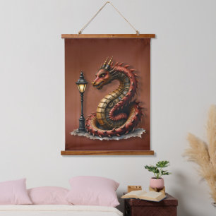 Steampunk Dragon naast een straatlamp. Hangend Wandkleed