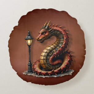 Steampunk Dragon naast een straatlamp. Rond Kussen