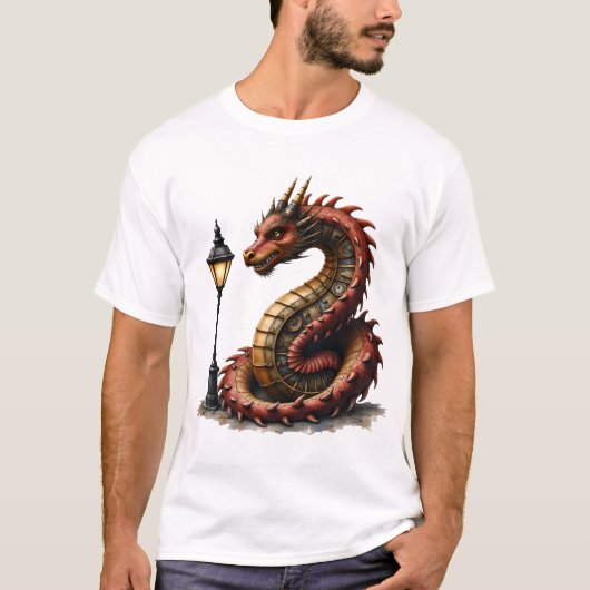 Steampunk Dragon naast een straatlamp. T-shirt (Voorkant)