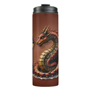 Steampunk Dragon naast een straatlamp. Thermosbeker