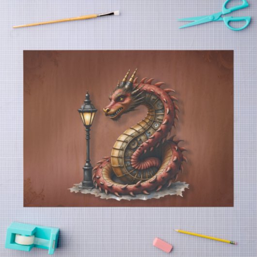 Steampunk Dragon naast een straatlamp. Tissuepapier (Craft)