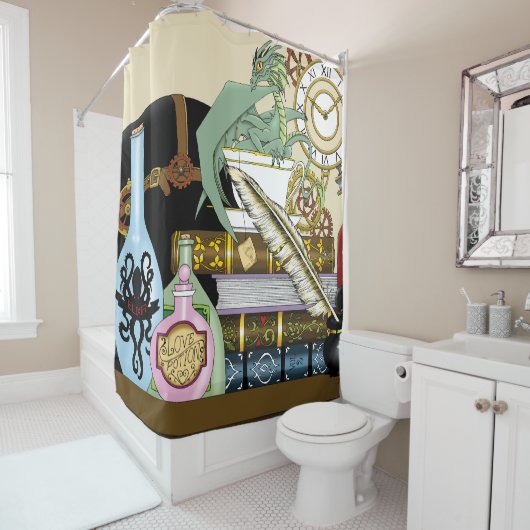 Steampunk Dragon Potions Boeken Douchegordijn (In situ)