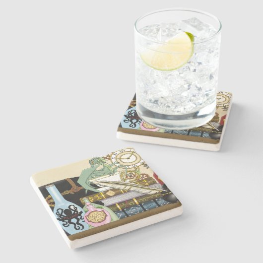 Steampunk Dragon Potions Boeken Stenen Onderzetter (Zijkant)