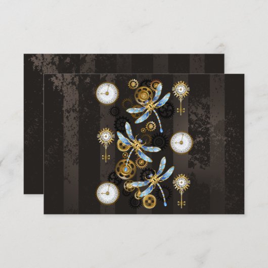 Steampunk Dragonflies op bruine gestreepte achterg Aankondiging (Voorkant / Achterkant)