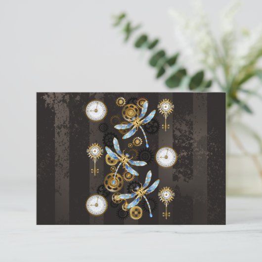 Steampunk Dragonflies op bruine gestreepte achterg Advieskaart (Staand voorkant)