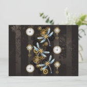 Steampunk Dragonflies op bruine gestreepte achterg Advieskaart (Staand voorkant)
