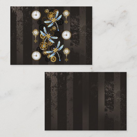 Steampunk Dragonflies op bruine gestreepte achterg Advieskaart (Voorkant / Achterkant)