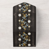 Steampunk Dragonflies op bruine gestreepte achterg All In One Uitnodiging (Buitenkant)