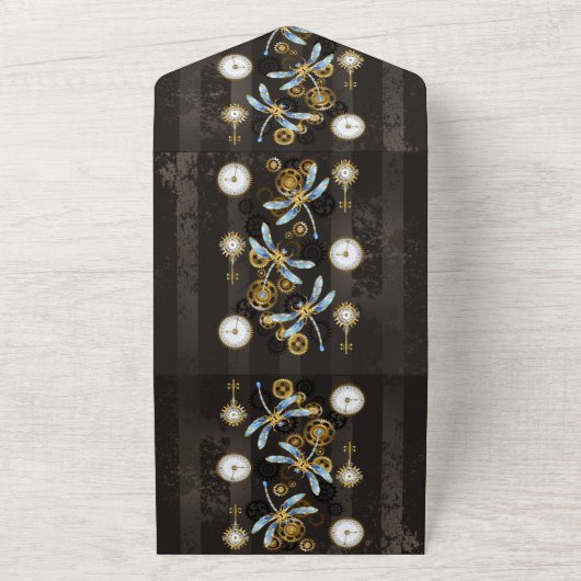 Steampunk Dragonflies op bruine gestreepte achterg All In One Uitnodiging (Buitenkant)