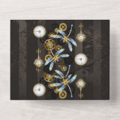 Steampunk Dragonflies op bruine gestreepte achterg All In One Uitnodiging (Achterkant)