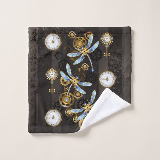 Steampunk Dragonflies op bruine gestreepte achterg Bad Handdoek (Wasdoekje)