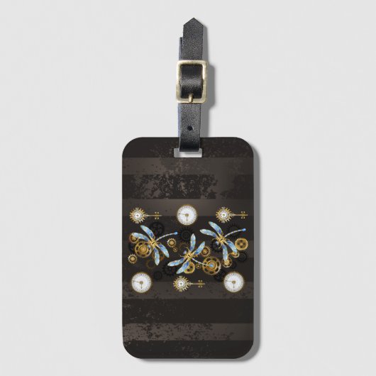 Steampunk Dragonflies op bruine gestreepte achterg Bagagelabel (Voorkant (verticaal))