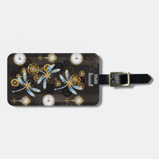 Steampunk Dragonflies op bruine gestreepte achterg Bagagelabel (Voorkant horizontaal)