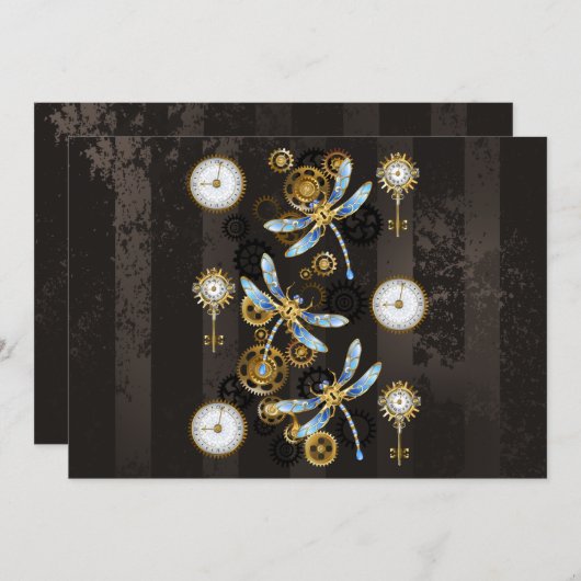 Steampunk Dragonflies op bruine gestreepte achterg Bedankkaart (Voorkant / Achterkant)