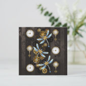 Steampunk Dragonflies op bruine gestreepte achterg Bedankkaart (Staand voorkant)