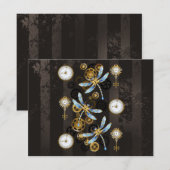 Steampunk Dragonflies op bruine gestreepte achterg Bedankkaart (Voorkant / Achterkant)