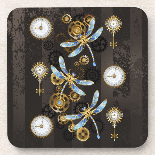 Steampunk Dragonflies op bruine gestreepte achterg Bier Onderzetter (Voorkant)