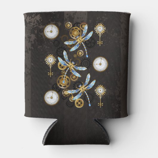 Steampunk Dragonflies op bruine gestreepte achterg Blikjeskoeler (Voorkant)