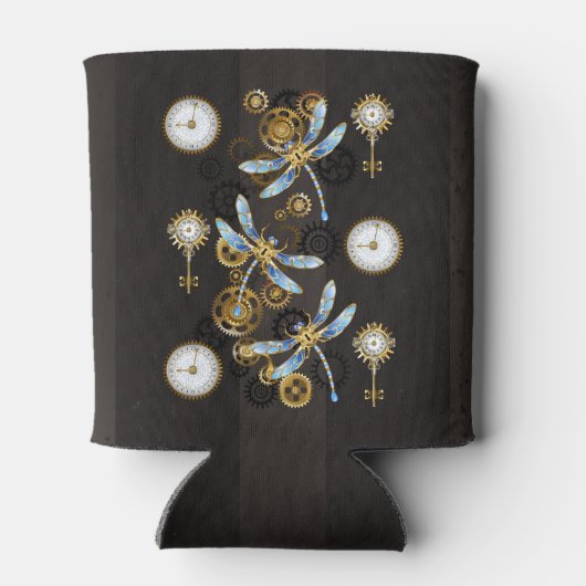 Steampunk Dragonflies op bruine gestreepte achterg Blikjeskoeler (Achterkant)