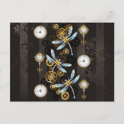 Steampunk Dragonflies op bruine gestreepte achterg Briefkaart (Voorkant)