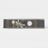 Steampunk Dragonflies op bruine gestreepte achterg Bureau Naambordje (Voorkant)