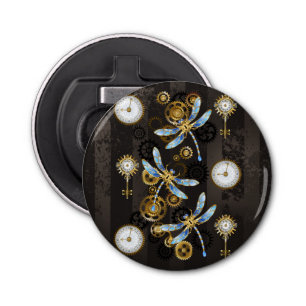 Steampunk Dragonflies op bruine gestreepte achterg Button Flesopener