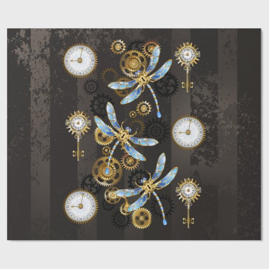 Steampunk Dragonflies op bruine gestreepte achterg Cadeaupapier (Vlak)