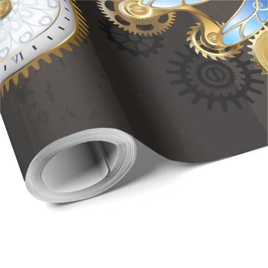 Steampunk Dragonflies op bruine gestreepte achterg Cadeaupapier (Rol Hoek)