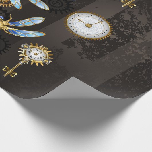 Steampunk Dragonflies op bruine gestreepte achterg Cadeaupapier (Hoek)