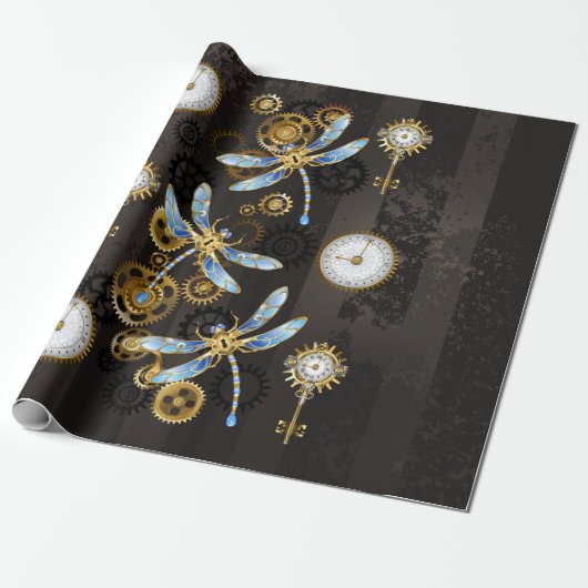 Steampunk Dragonflies op bruine gestreepte achterg Cadeaupapier (Uitgerold)