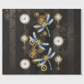 Steampunk Dragonflies op bruine gestreepte achterg Cadeaupapier (Vlak)