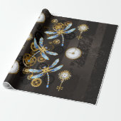 Steampunk Dragonflies op bruine gestreepte achterg Cadeaupapier (Uitgerold)