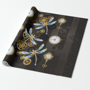Steampunk Dragonflies op bruine gestreepte achterg Cadeaupapier