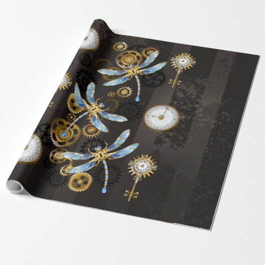 Steampunk Dragonflies op bruine gestreepte achterg Cadeaupapier (Uitgerold)