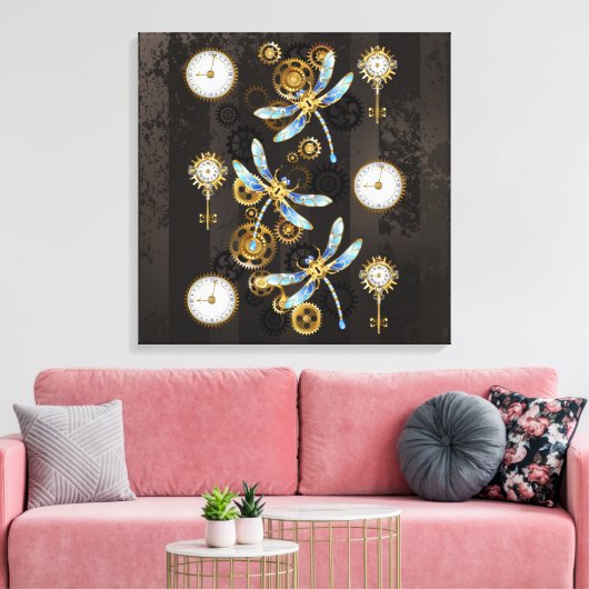 Steampunk Dragonflies op bruine gestreepte achterg Canvas Afdruk (Insitu (Woonkamer))