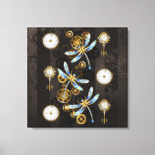 Steampunk Dragonflies op bruine gestreepte achterg Canvas Afdruk (Voorkant)