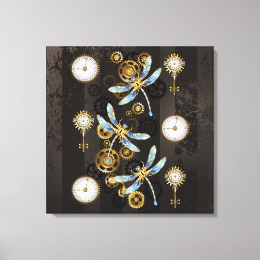 Steampunk Dragonflies op bruine gestreepte achterg Canvas Afdruk (Voorkant)