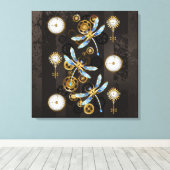 Steampunk Dragonflies op bruine gestreepte achterg Canvas Afdruk (Insitu (Houten vloer))