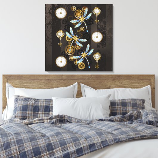 Steampunk Dragonflies op bruine gestreepte achterg Canvas Afdruk (Insitu (Slaapkamer))