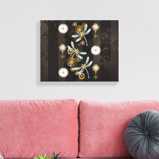 Steampunk Dragonflies op bruine gestreepte achterg Canvas Afdruk (Insitu (Woonkamer))