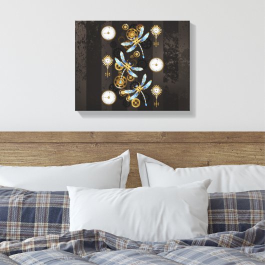 Steampunk Dragonflies op bruine gestreepte achterg Canvas Afdruk (Insitu (Slaapkamer))
