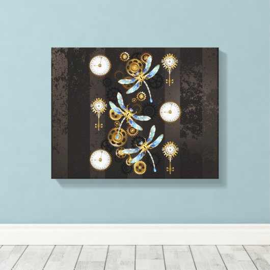 Steampunk Dragonflies op bruine gestreepte achterg Canvas Afdruk (Insitu (Houten vloer))