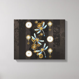 Steampunk Dragonflies op bruine gestreepte achterg Canvas Afdruk