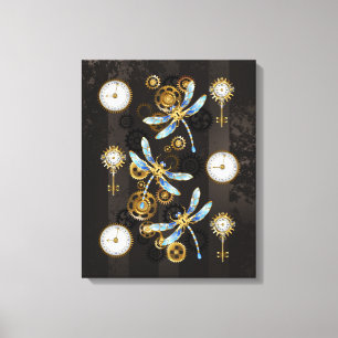 Steampunk Dragonflies op bruine gestreepte achterg Canvas Afdruk